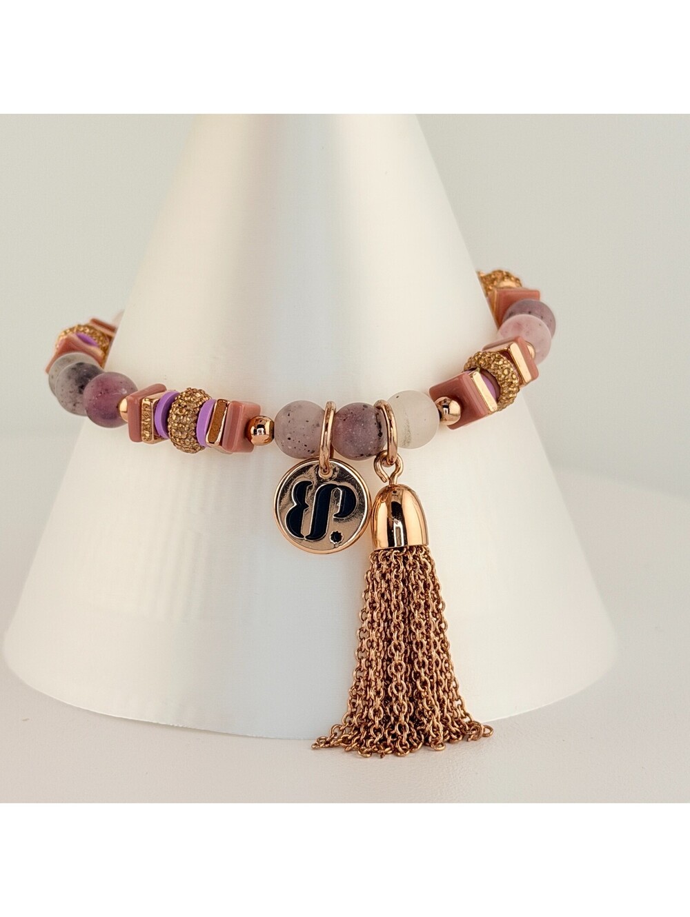 Bomb Party Bracelet - Tassel Charm on Rose Gold Plating Stretchy Beaded